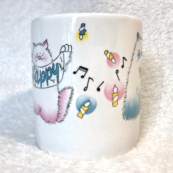 Vintage kitty Happy Birthday musical cats mug pink and blue cartoon gift ware - Picture 2 of 7